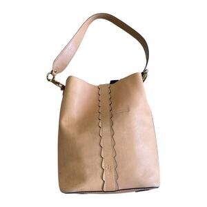 FRYE Ilana Harness Bucket Bag Tan Cognac Perforated Leather Western Hobo
